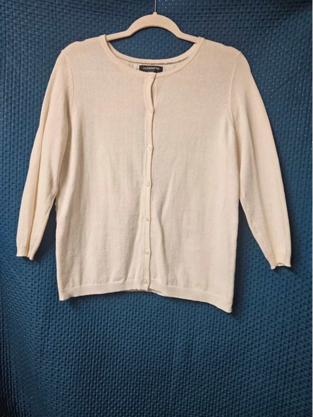 Liz Claiborne Career Petite PM Ivory Cardigan Floral Lace Back Cotton Sweater